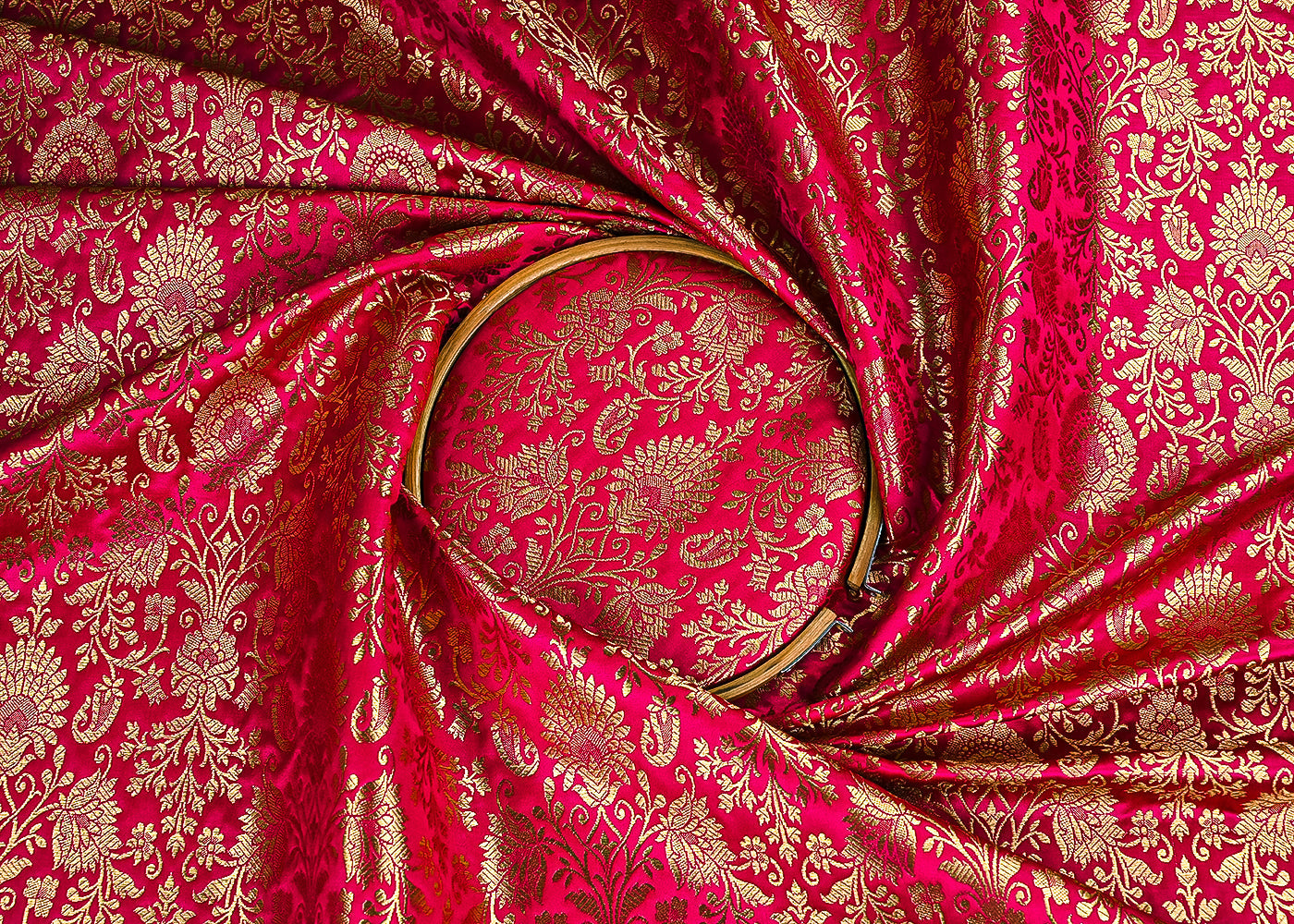Rani Pink Banarasi Brocade Fabric With All Over Golden Zari Handloom 23290