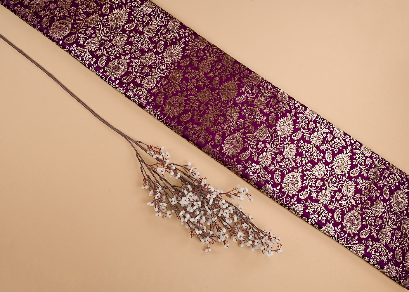 Purple Banarasi Brocade Fabric With All Over Golden Zari Handloom 23291