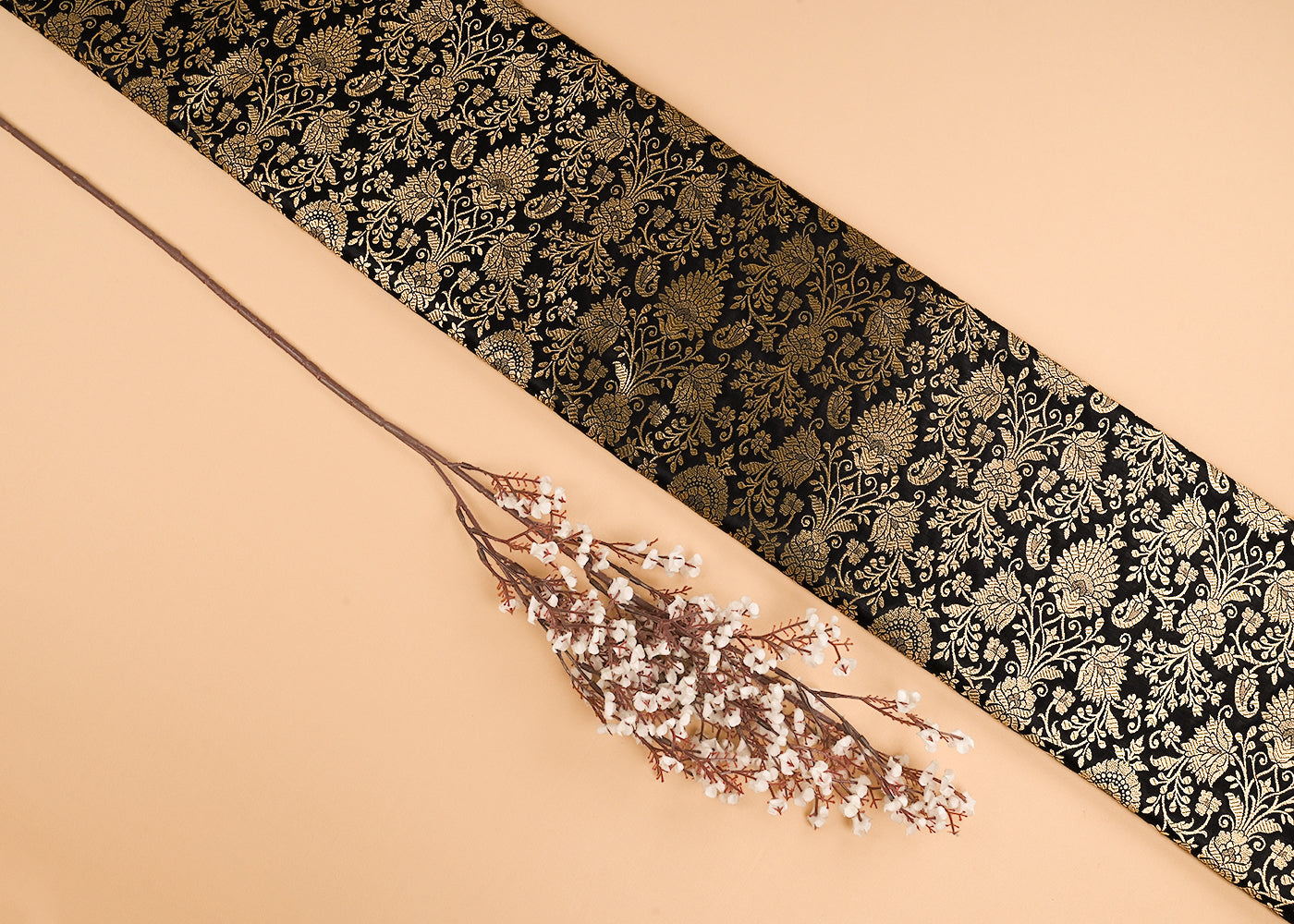 Black Banarasi Brocade Fabric With All Over Golden Zari Handloom 23292