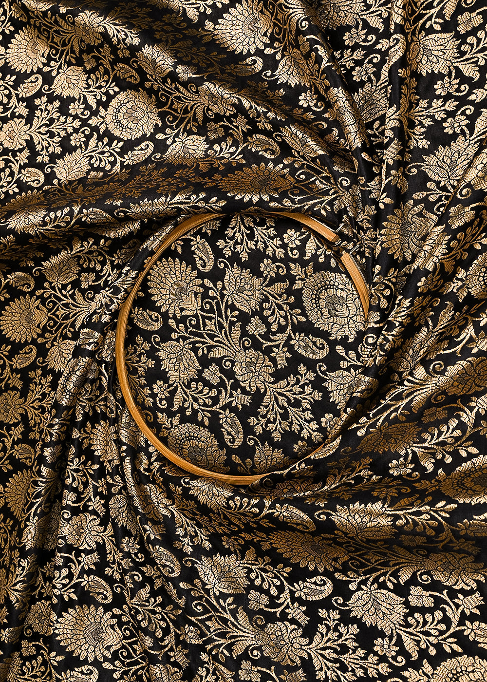 Black Banarasi Brocade Fabric With All Over Golden Zari Handloom 23292