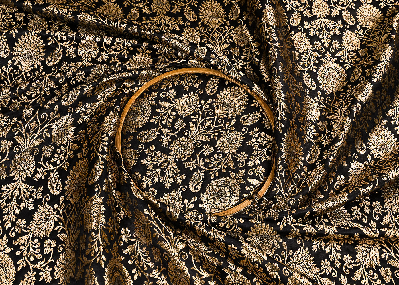 Black Banarasi Brocade Fabric With All Over Golden Zari Handloom 23292