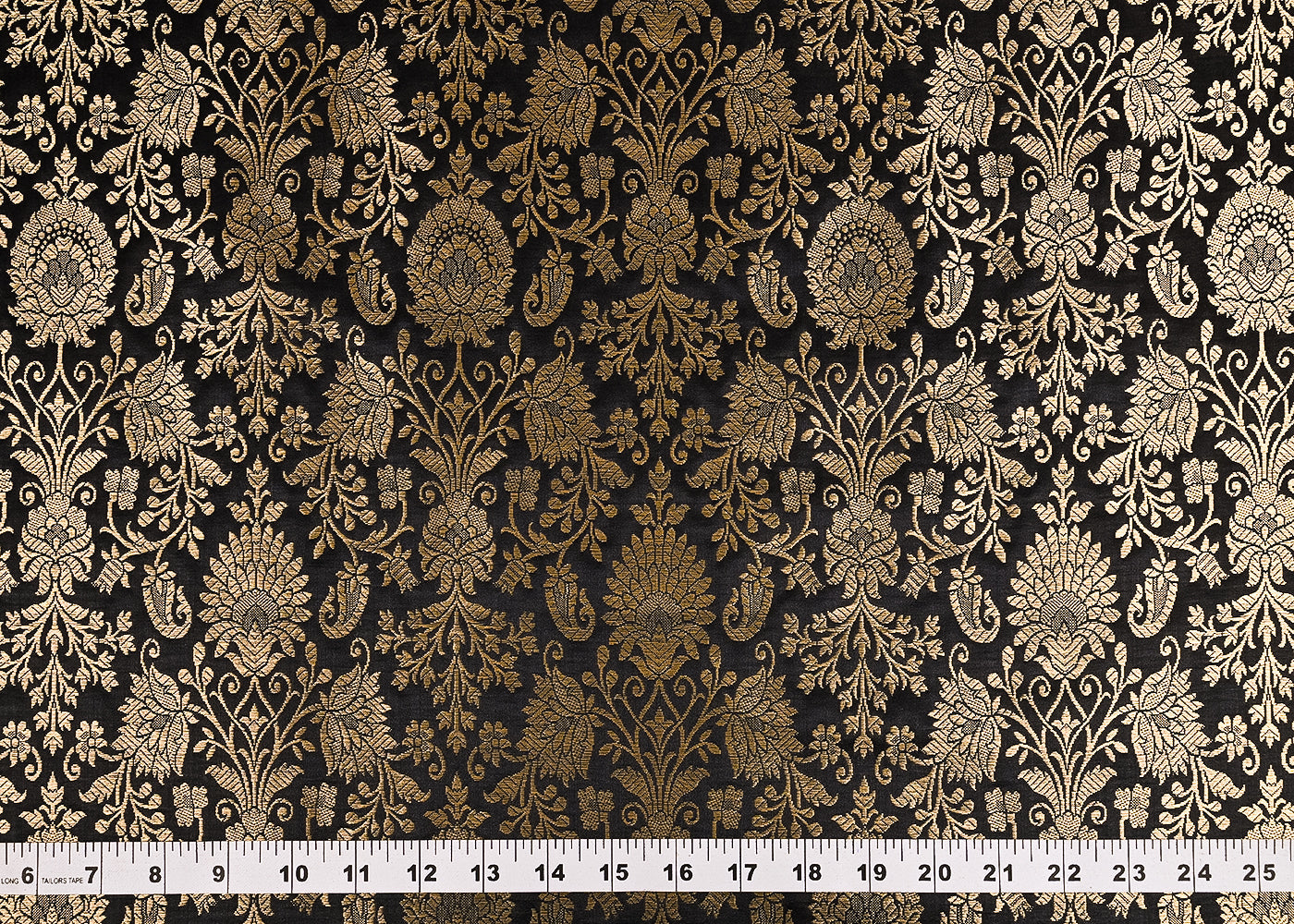 Black Banarasi Brocade Fabric With All Over Golden Zari Handloom 23292