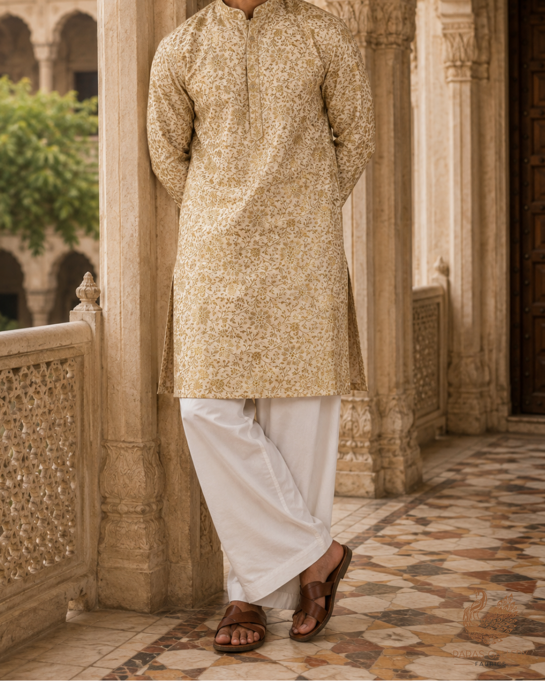 Beige Banarasi Brocade Fabric With All Over Golden Zari Handloom 23293