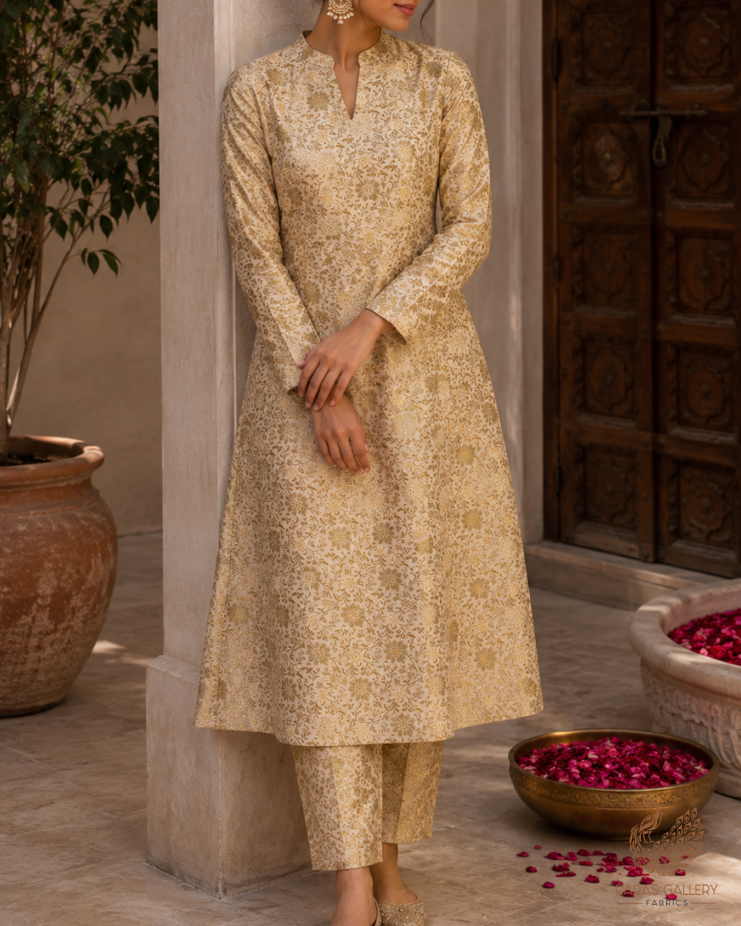 Beige Banarasi Brocade Fabric With All Over Golden Zari Handloom 23293