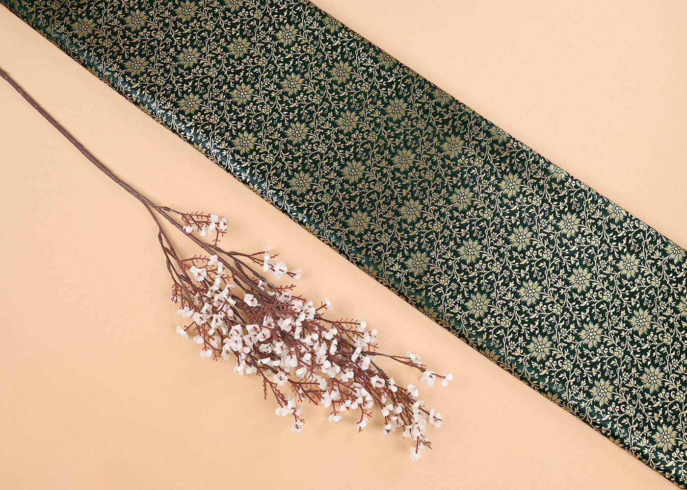 Bottle Green Banarasi Brocade Fabric With All Over Golden Zari Handloom 23294