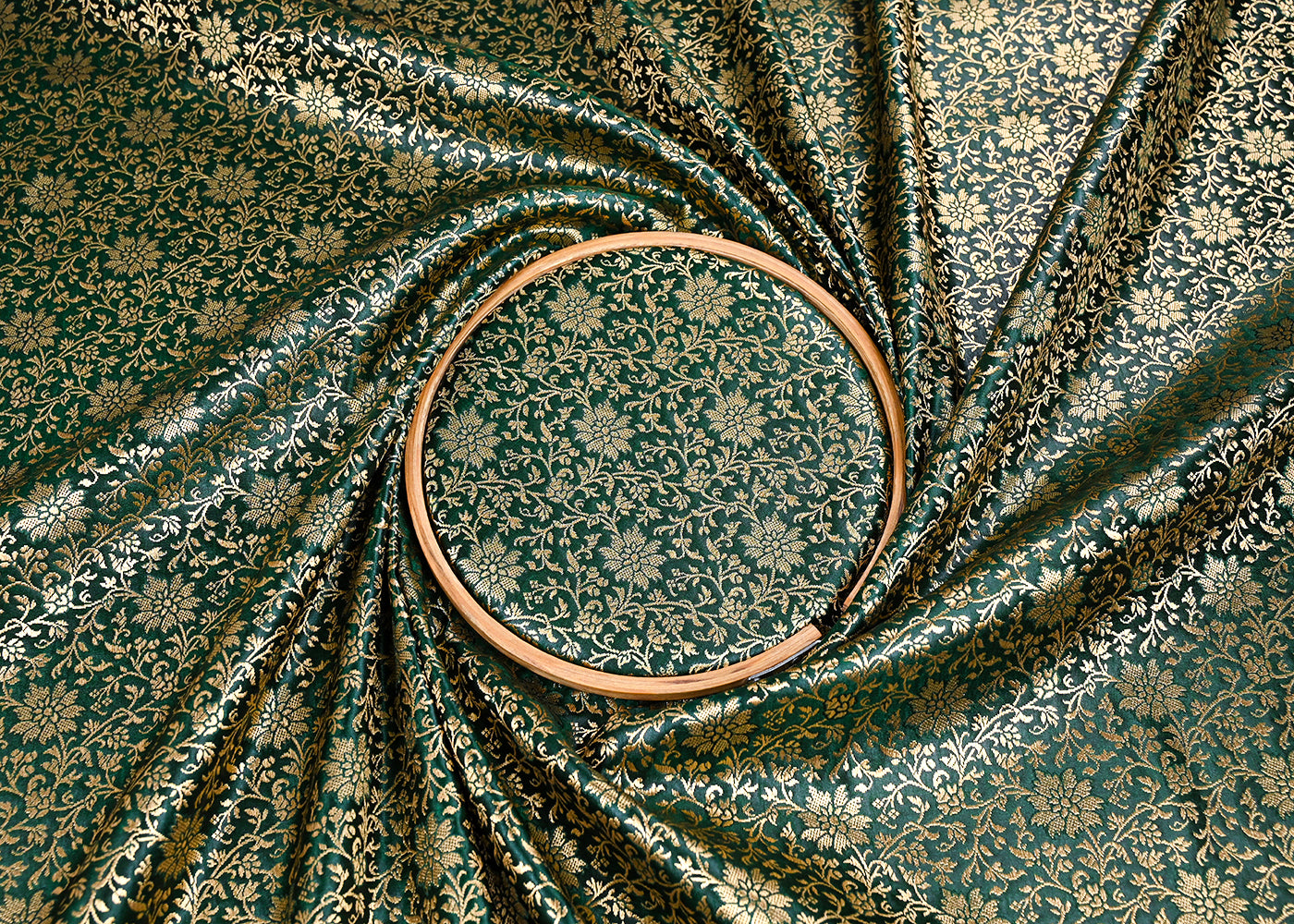 Bottle Green Banarasi Brocade Fabric With All Over Golden Zari Handloom 23294