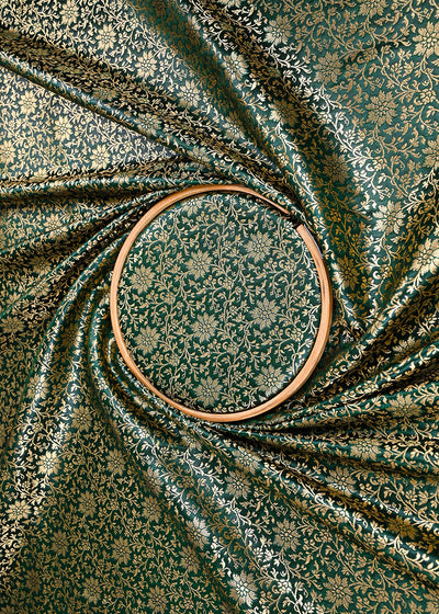 Bottle Green Banarasi Brocade Fabric With All Over Golden Zari Handloom 23294