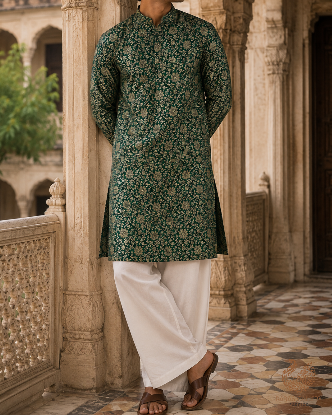 Bottle Green Banarasi Brocade Fabric With All Over Golden Zari Handloom 23294