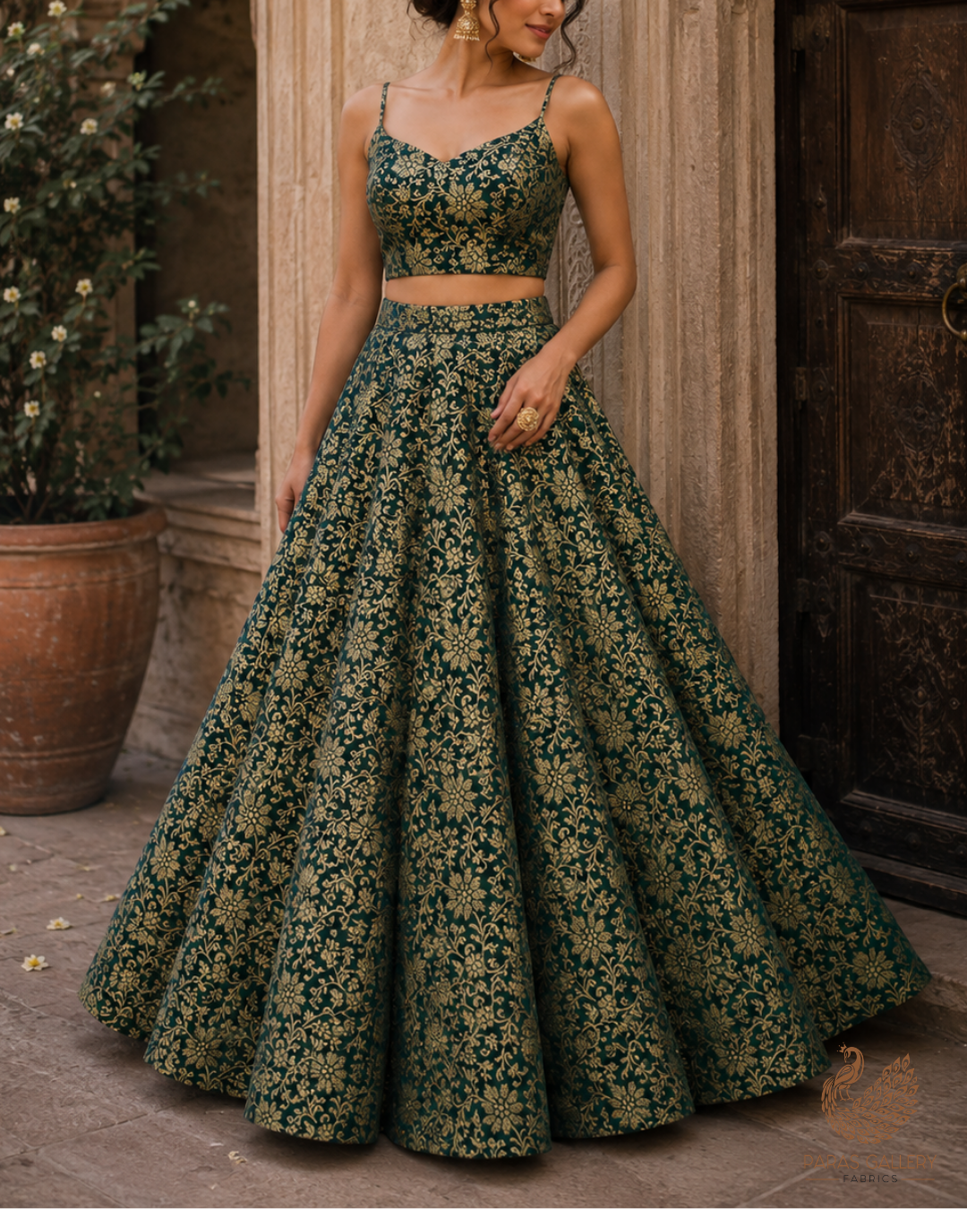 Bottle Green Banarasi Brocade Fabric With All Over Golden Zari Handloom 23294