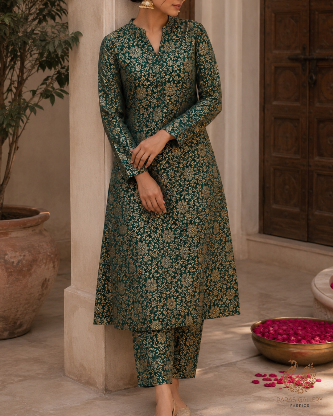 Bottle Green Banarasi Brocade Fabric With All Over Golden Zari Handloom 23294