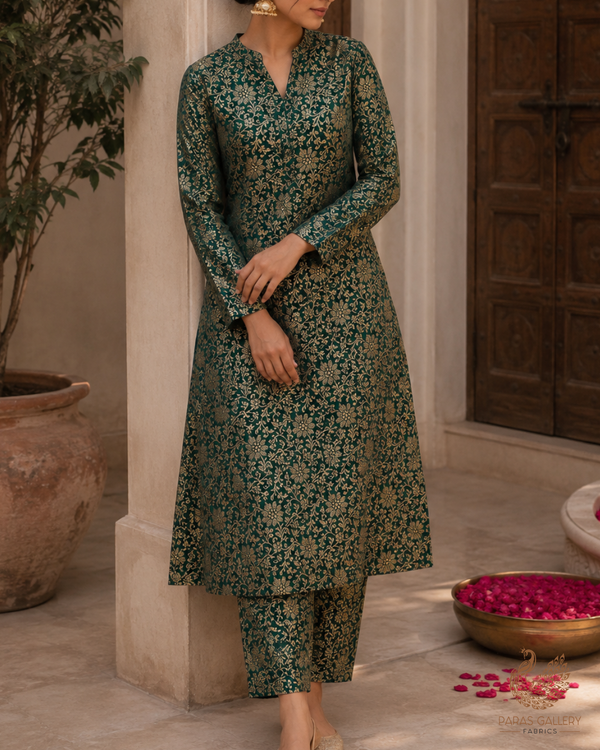Bottle Green Banarasi Brocade Fabric With All Over Golden Zari Handloom 23294