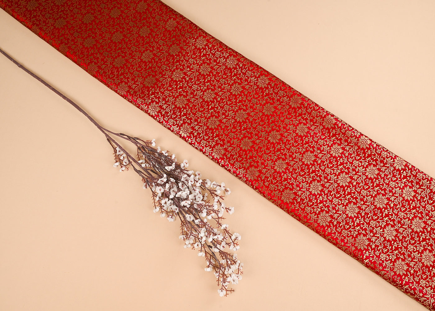 Red Banarasi Brocade Fabric With All Over Golden Zari Handloom 23295