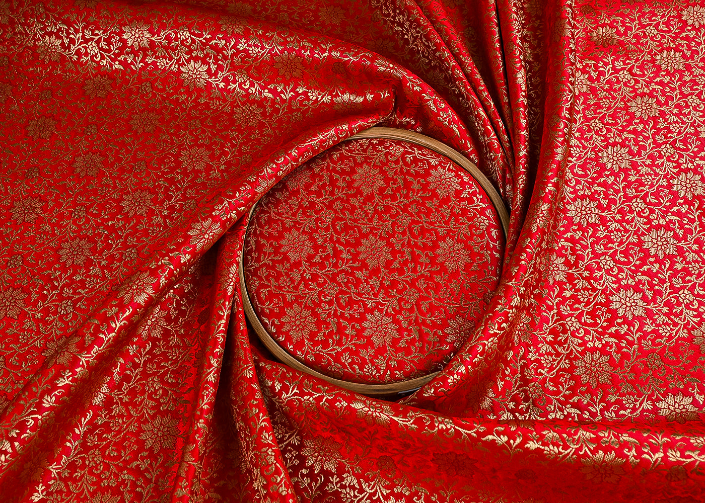 Red Banarasi Brocade Fabric With All Over Golden Zari Handloom 23295
