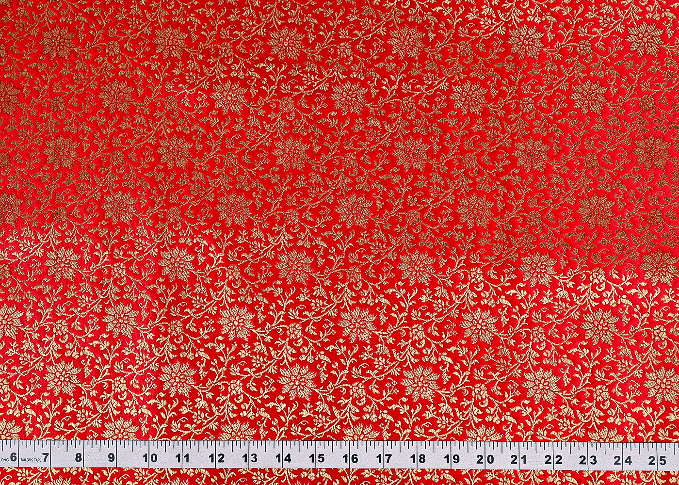 Red Banarasi Brocade Fabric With All Over Golden Zari Handloom 23295
