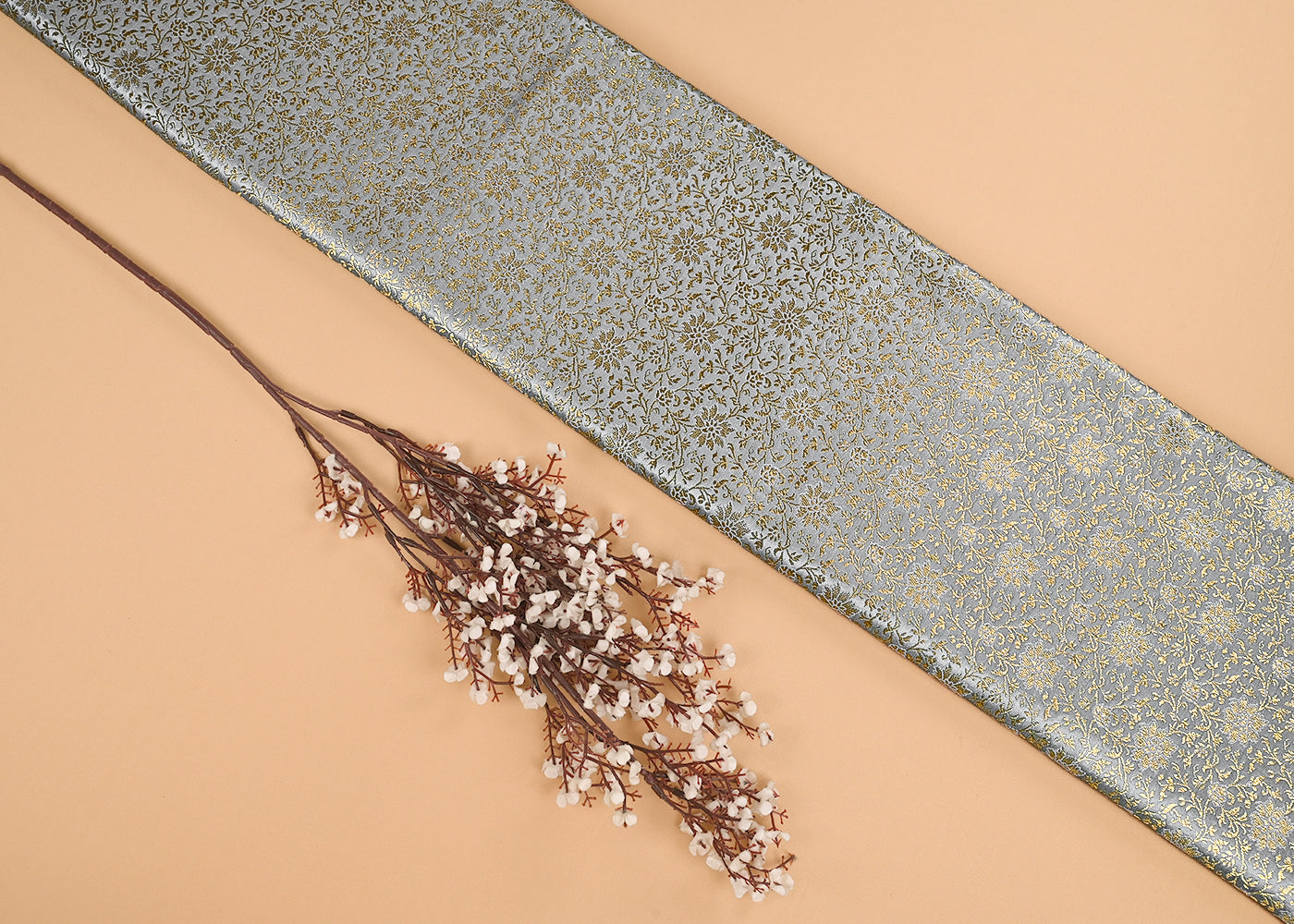 Grey Banarasi Brocade Fabric With All Over Golden Zari Handloom 23296