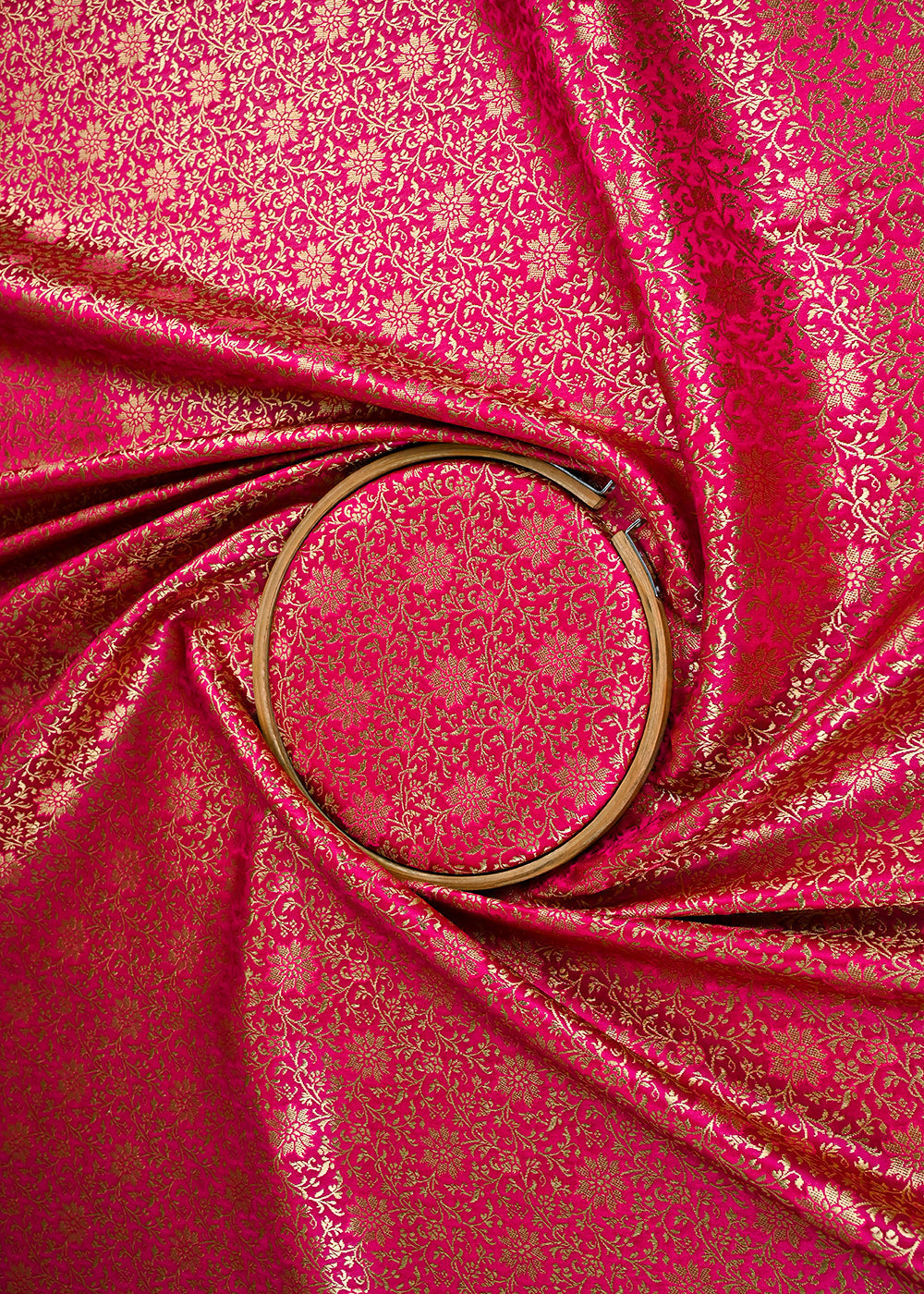 Rani Pink Banarasi Brocade Fabric With All Over Golden Zari Handloom 23297