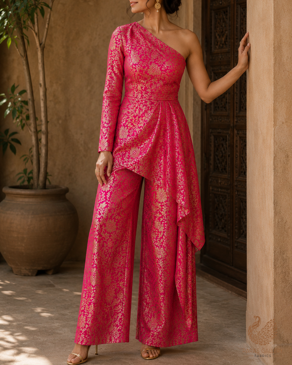 Rani Pink Banarasi Brocade Fabric With All Over Golden Zari Handloom 23297