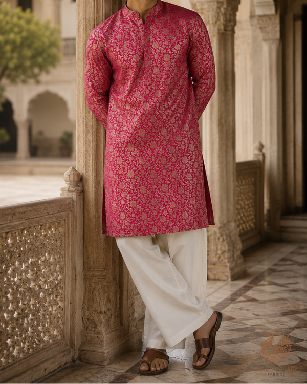 Rani Pink Banarasi Brocade Fabric With All Over Golden Zari Handloom 23297