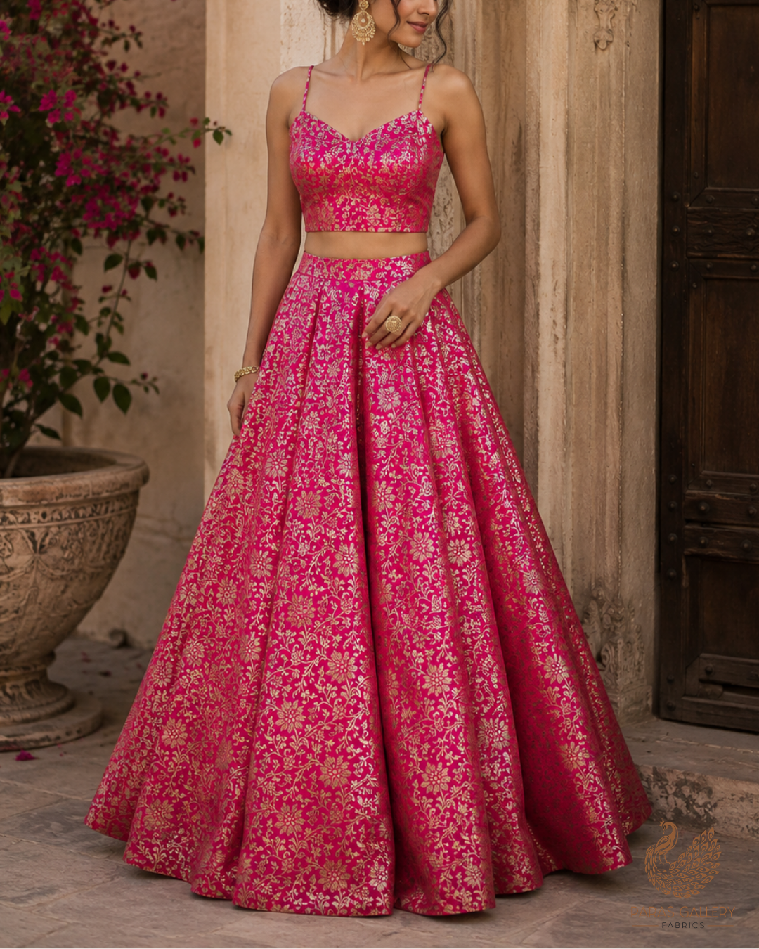 Rani Pink Banarasi Brocade Fabric With All Over Golden Zari Handloom 23297
