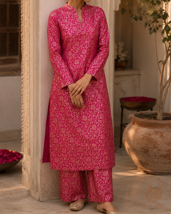 Rani Pink Banarasi Brocade Fabric With All Over Golden Zari Handloom 23297