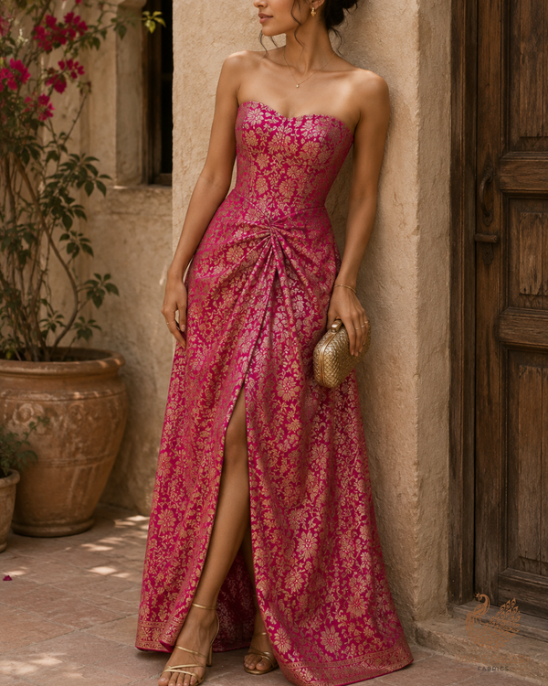 Rani Pink Banarasi Brocade Fabric With All Over Golden Zari Handloom 23297