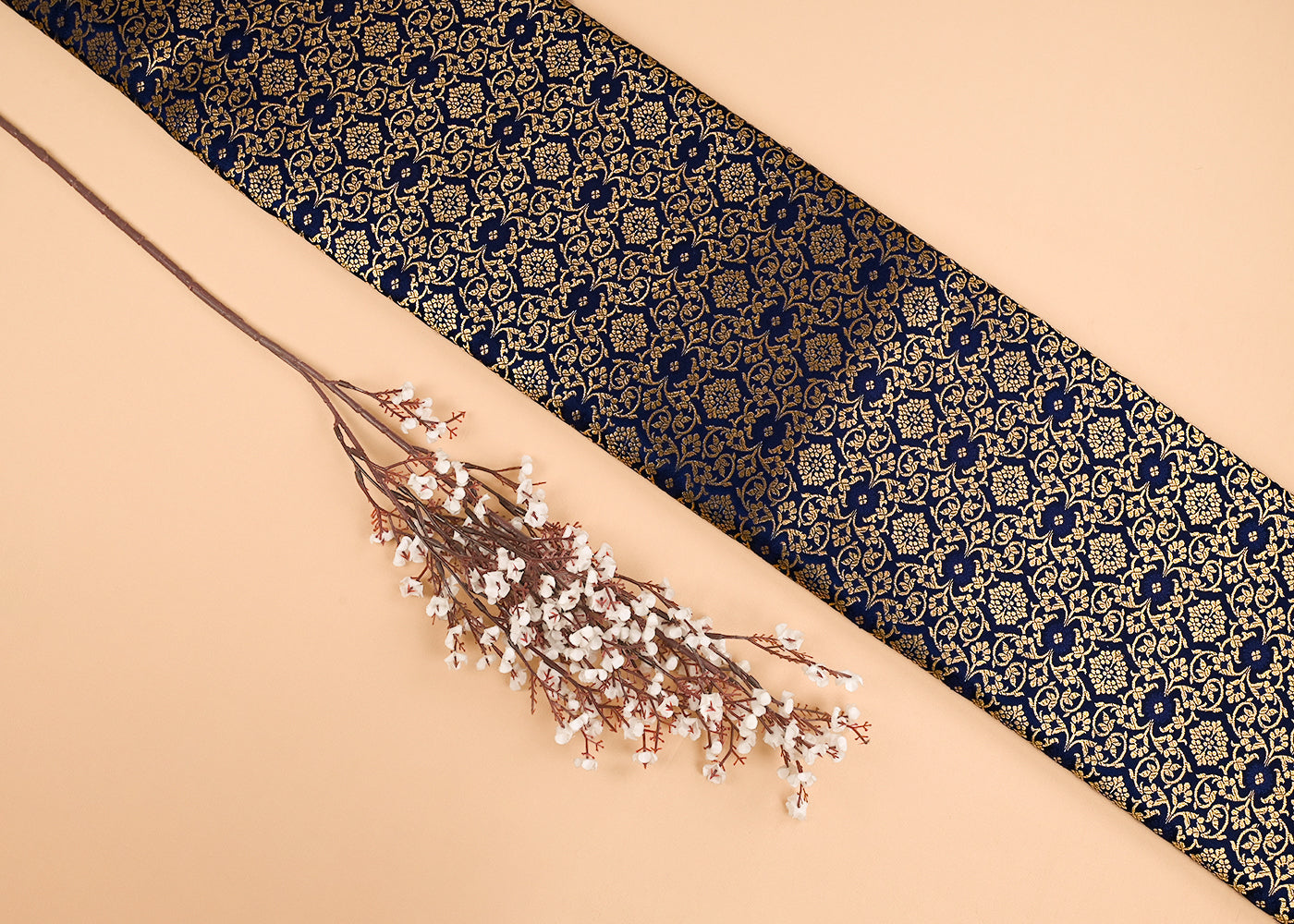 Navy Blue Banarasi Brocade Fabric With All Over Golden Zari Handloom 23299