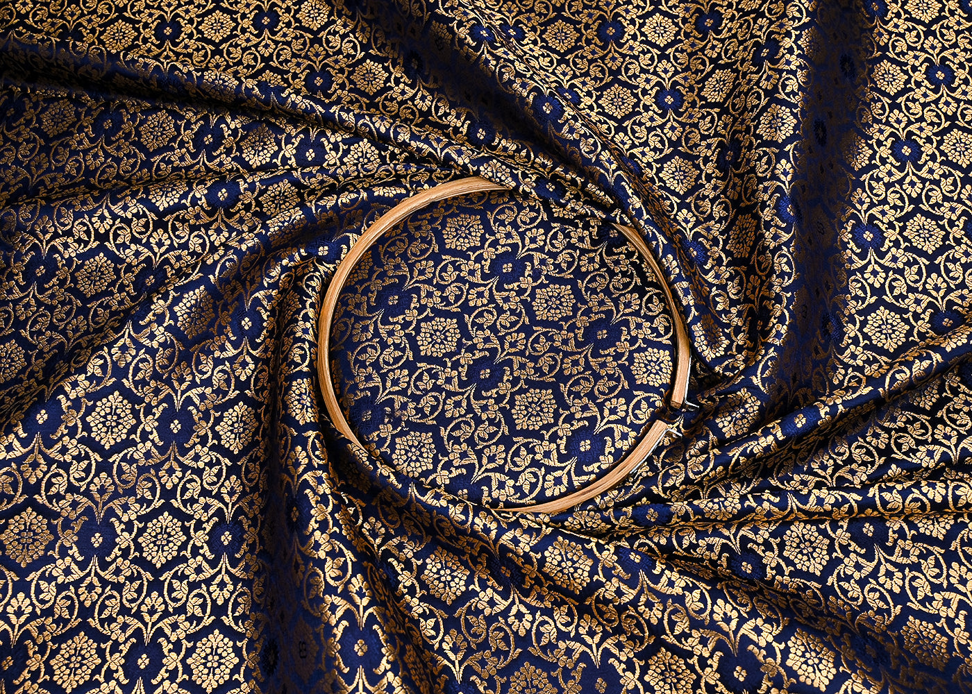 Navy Blue Banarasi Brocade Fabric With All Over Golden Zari Handloom 23299