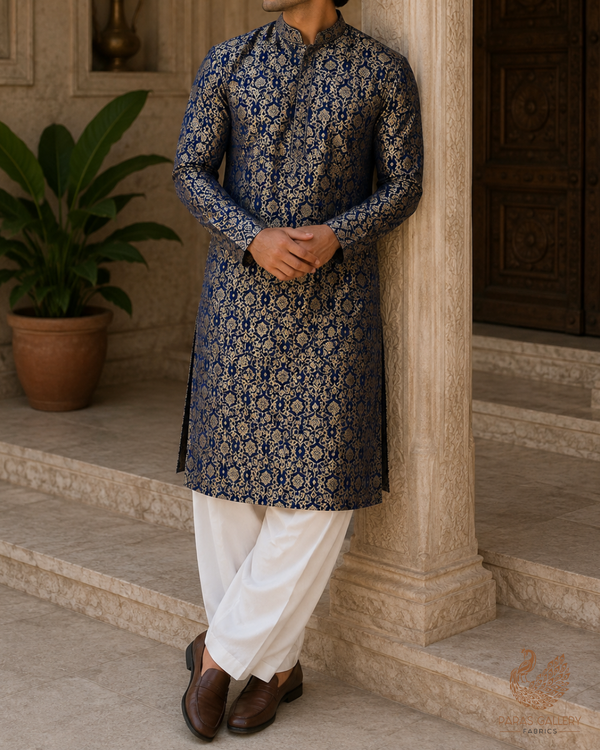 Navy Blue Banarasi Brocade Fabric With All Over Golden Zari Handloom 23299