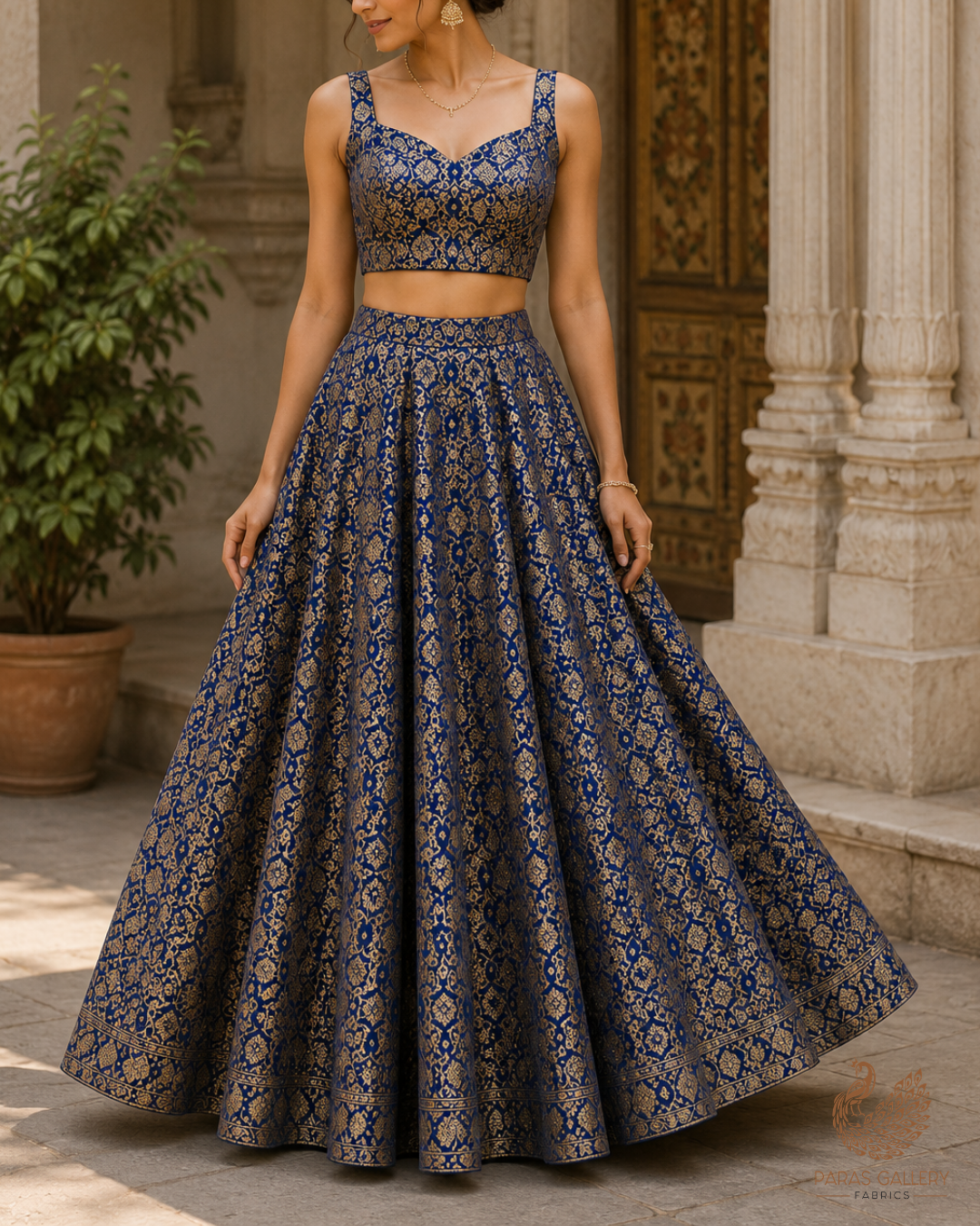 Navy Blue Banarasi Brocade Fabric With All Over Golden Zari Handloom 23299