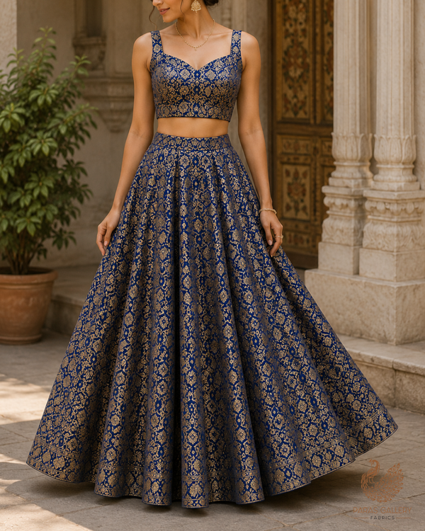 Navy Blue Banarasi Brocade Fabric With All Over Golden Zari Handloom 23299