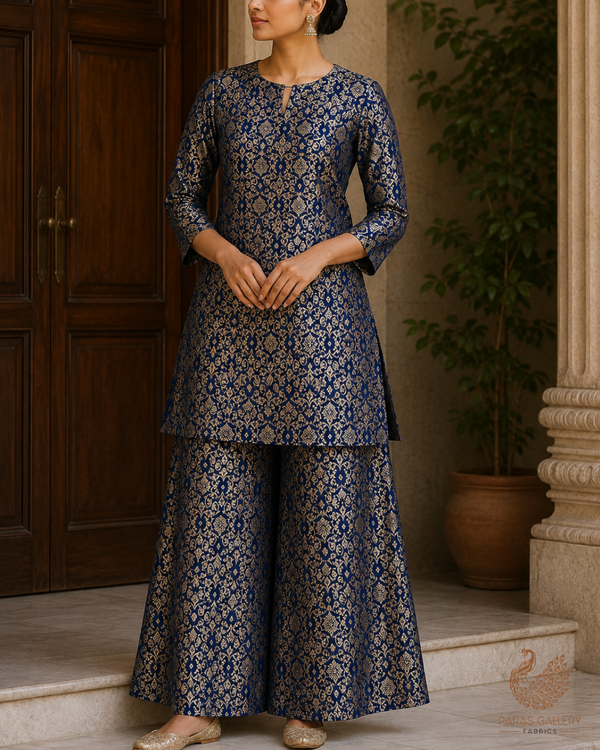Navy Blue Banarasi Brocade Fabric With All Over Golden Zari Handloom 23299