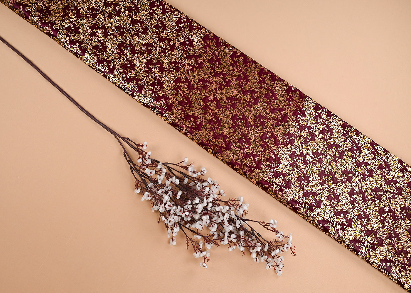 Wine Banarasi Brocade Fabric With All Over Golden Zari Handloom 23300