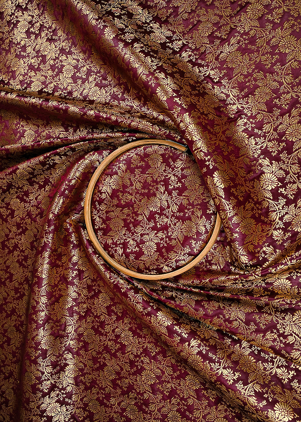 Wine Banarasi Brocade Fabric With All Over Golden Zari Handloom 23300
