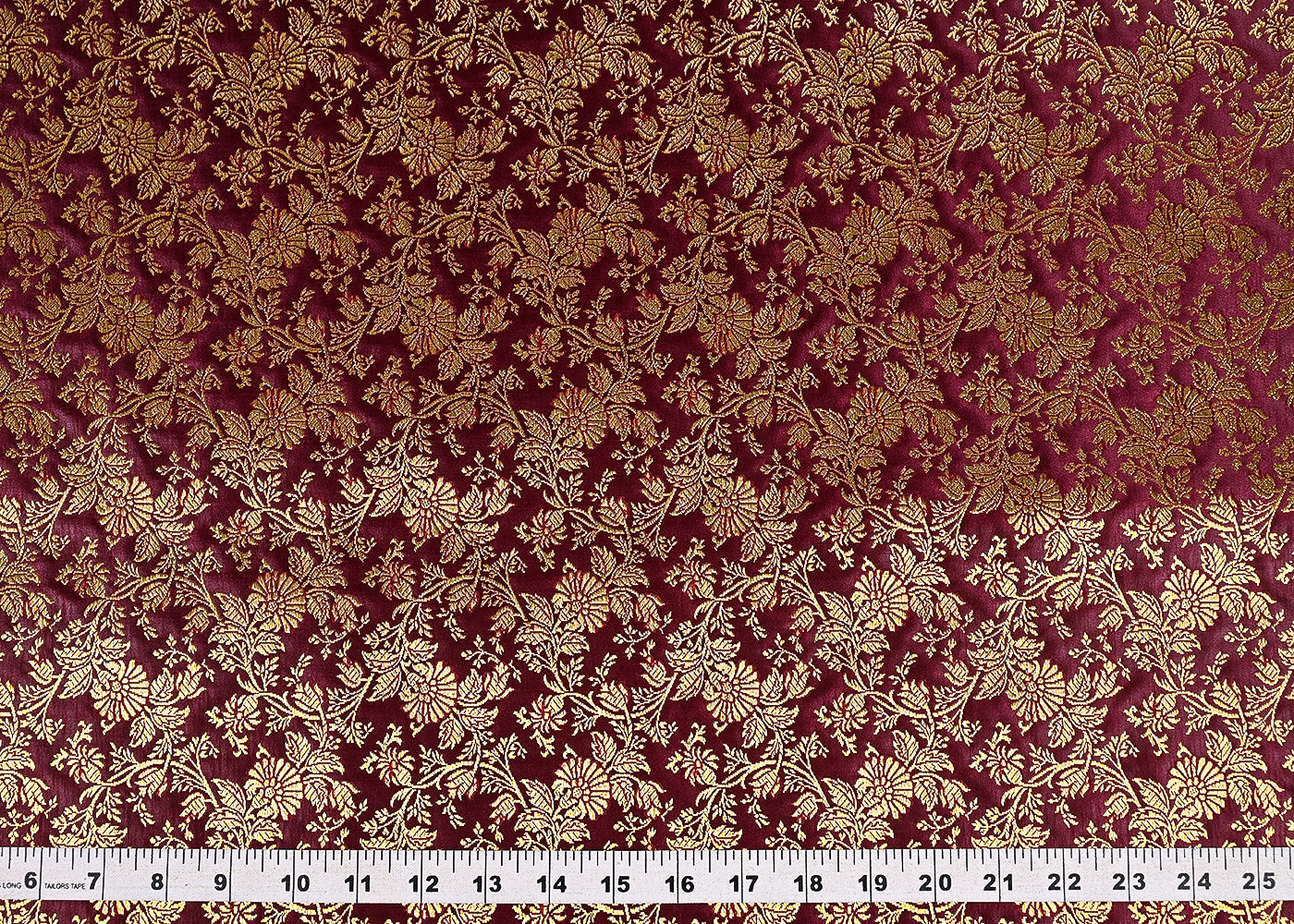 Wine Banarasi Brocade Fabric With All Over Golden Zari Handloom 23300