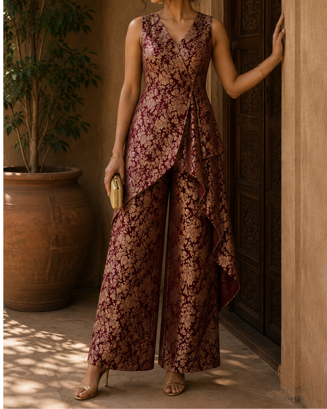 Wine Banarasi Brocade Fabric With All Over Golden Zari Handloom 23300