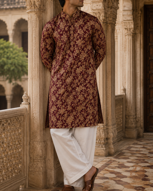 Wine Banarasi Brocade Fabric With All Over Golden Zari Handloom 23300