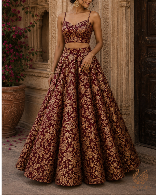 Wine Banarasi Brocade Fabric With All Over Golden Zari Handloom 23300