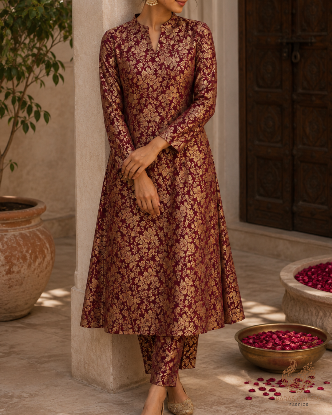 Wine Banarasi Brocade Fabric With All Over Golden Zari Handloom 23300