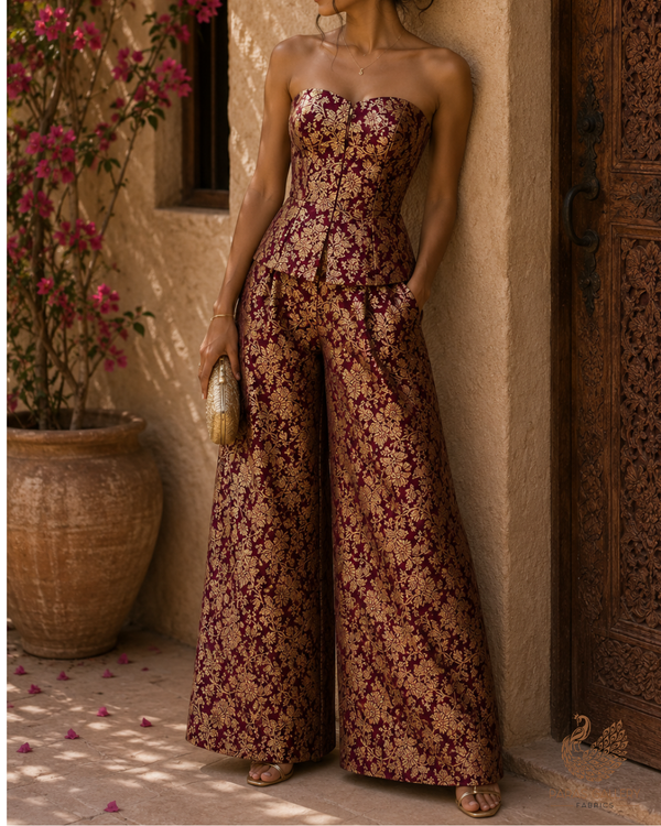 Wine Banarasi Brocade Fabric With All Over Golden Zari Handloom 23300