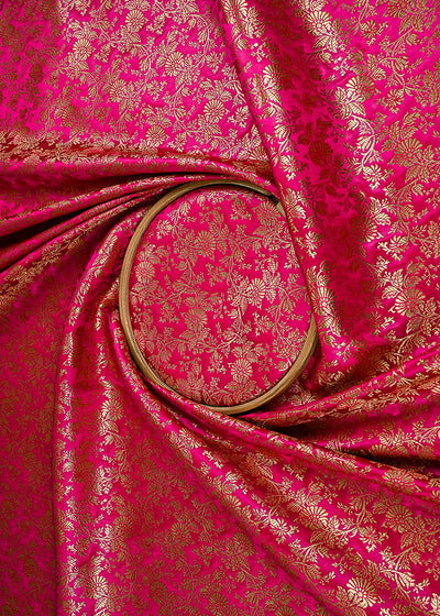 Rani Pink Banarasi Brocade Fabric With All Over Golden Zari Handloom 23301