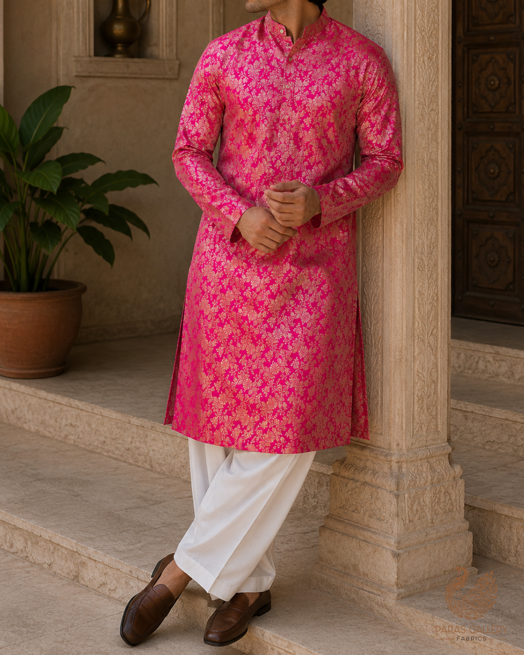 Rani Pink Banarasi Brocade Fabric With All Over Golden Zari Handloom 23301
