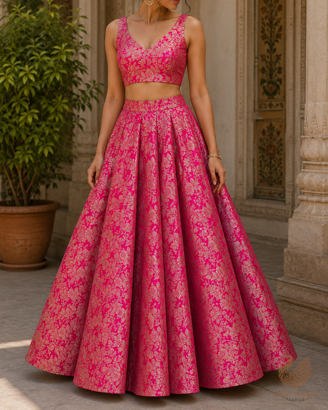 Rani Pink Banarasi Brocade Fabric With All Over Golden Zari Handloom 23301