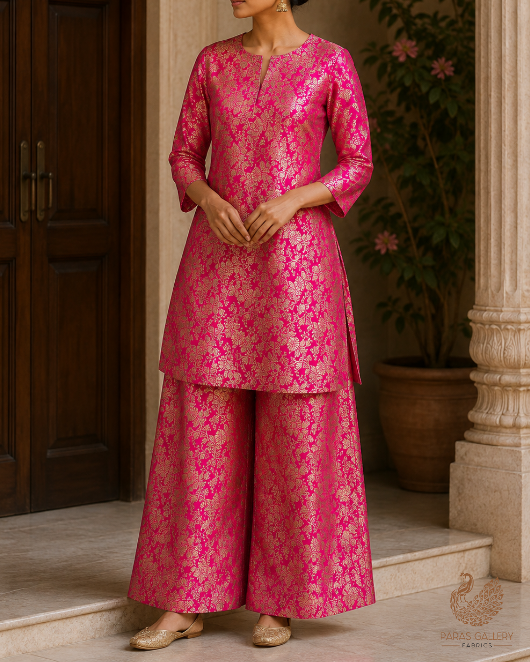 Rani Pink Banarasi Brocade Fabric With All Over Golden Zari Handloom 23301
