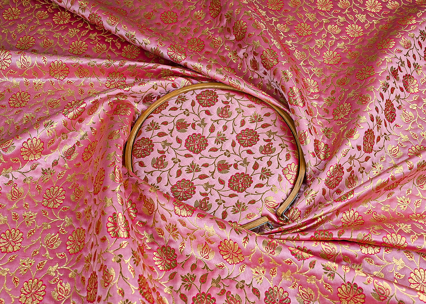 Light Pink Banarasi Brocade Fabric With All Over Golden Zari Handloom 23302
