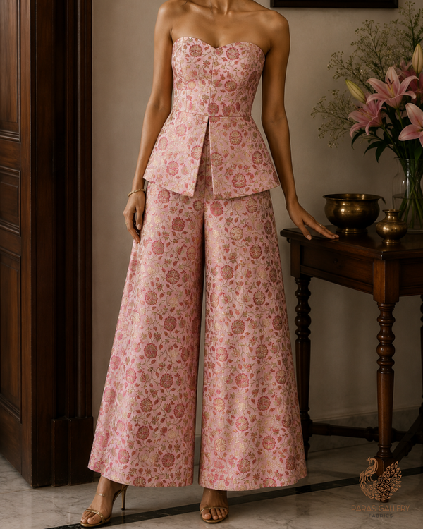 Light Pink Banarasi Brocade Fabric With All Over Golden Zari Handloom 23302