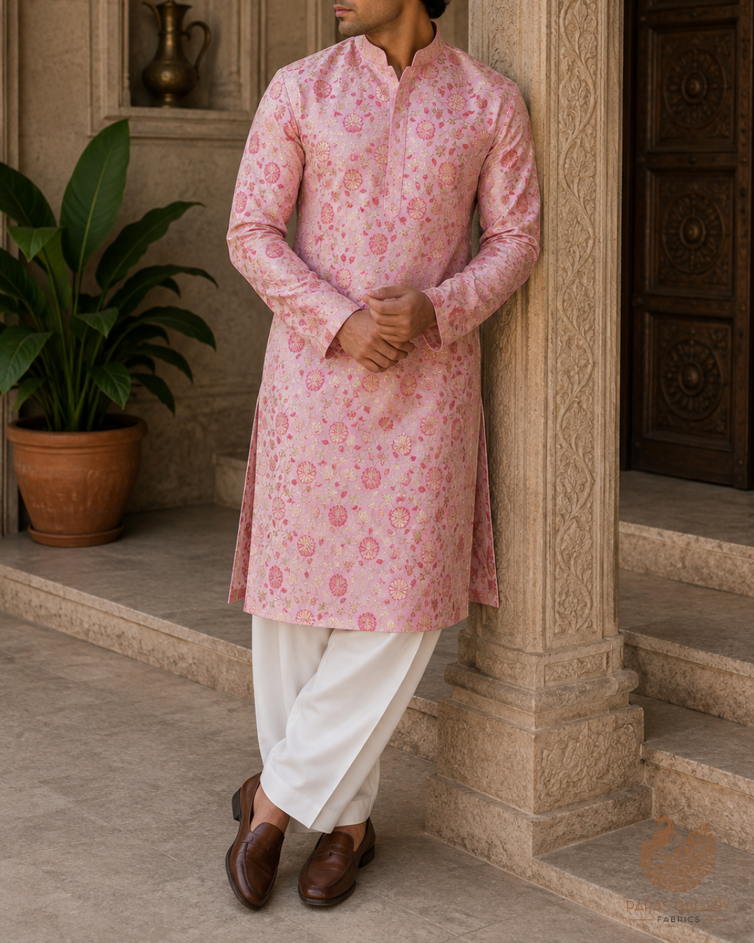Light Pink Banarasi Brocade Fabric With All Over Golden Zari Handloom 23302