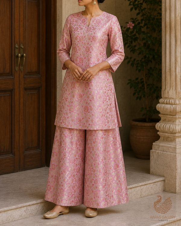 Light Pink Banarasi Brocade Fabric With All Over Golden Zari Handloom 23302