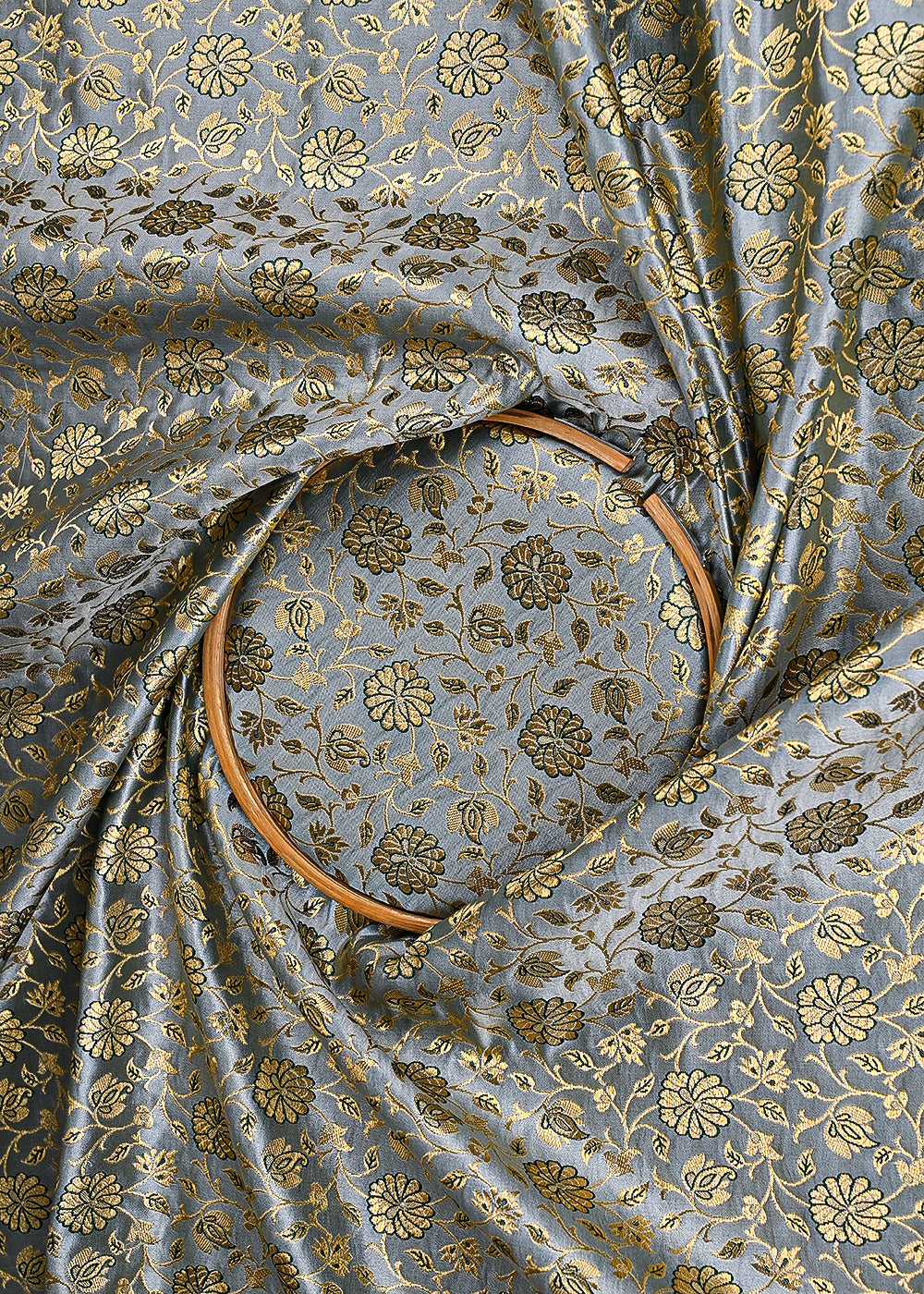 Mint Green Banarasi Brocade Fabric With All Over Golden Zari Handloom 23303