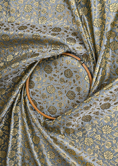 Mint Green Banarasi Brocade Fabric With All Over Golden Zari Handloom 23303