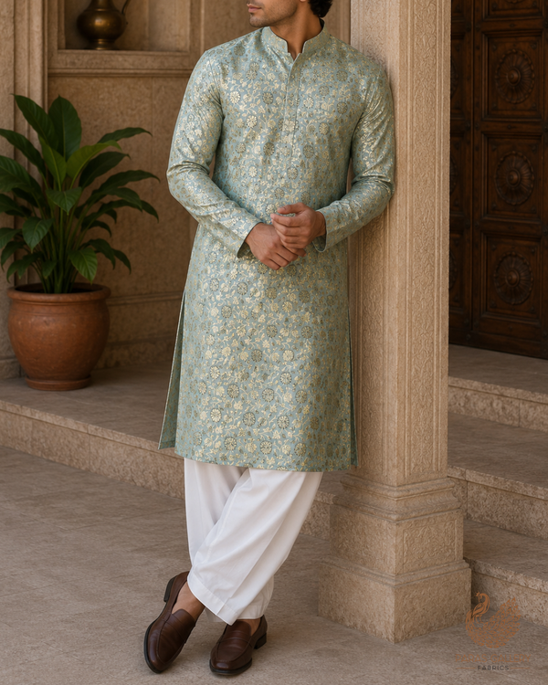 Mint Green Banarasi Brocade Fabric With All Over Golden Zari Handloom 23303